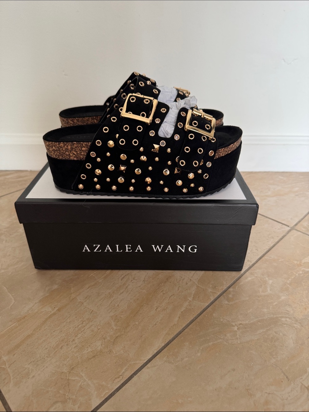 Azalea Wang Black Studded Platform Slide Sandals